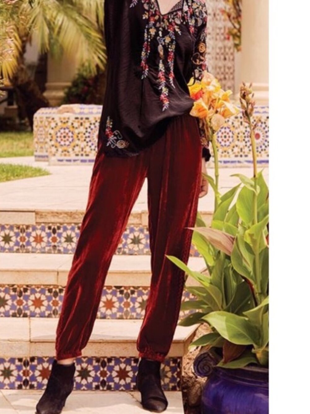 Johnny Was Aurora Embroidered-Sides Joggers XL fit 1X? Rust Velvet Pants JWLA